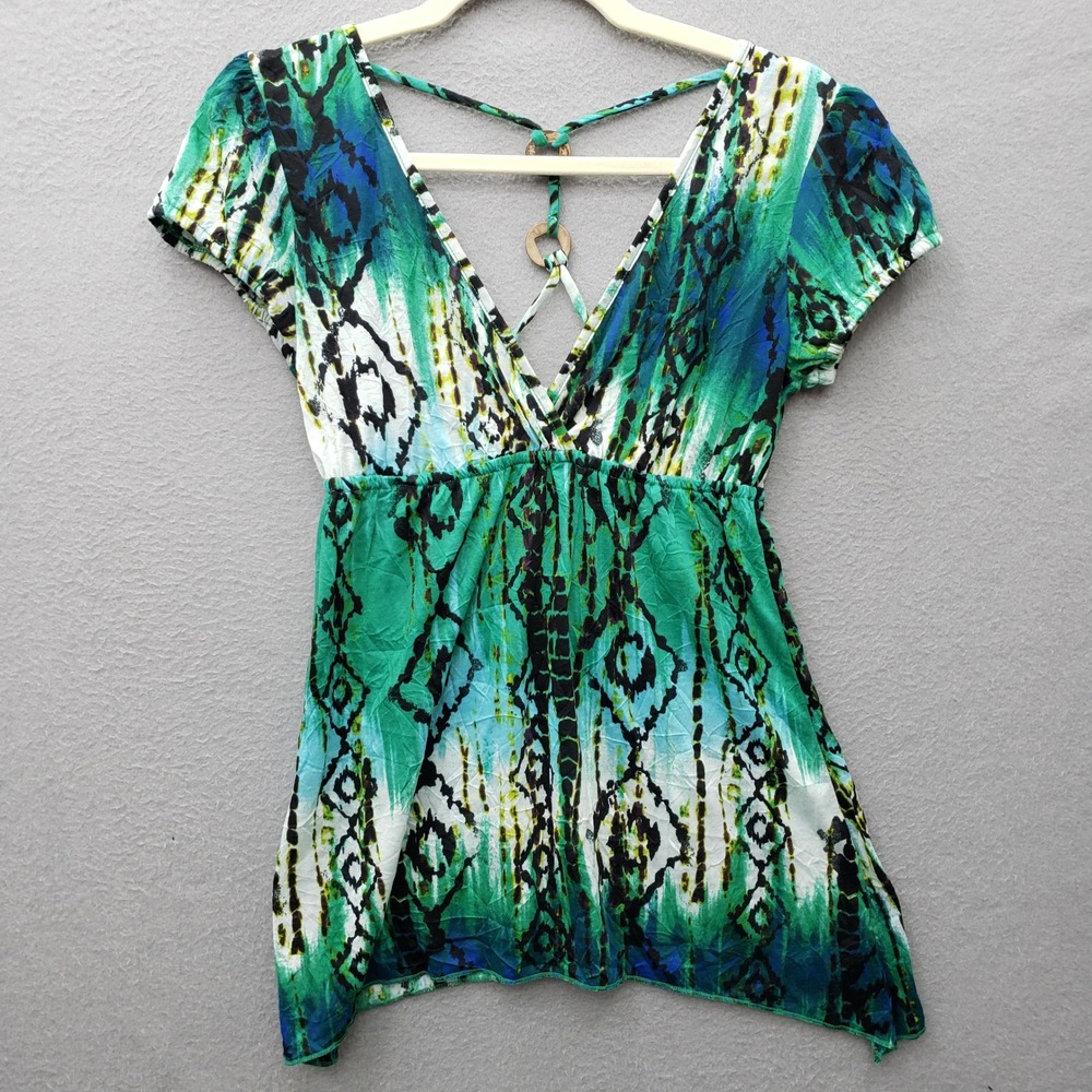 Y2K Self Esteem Babydoll Top Blue Green Ikat Butterfly Dopamine Fairycore 2000's